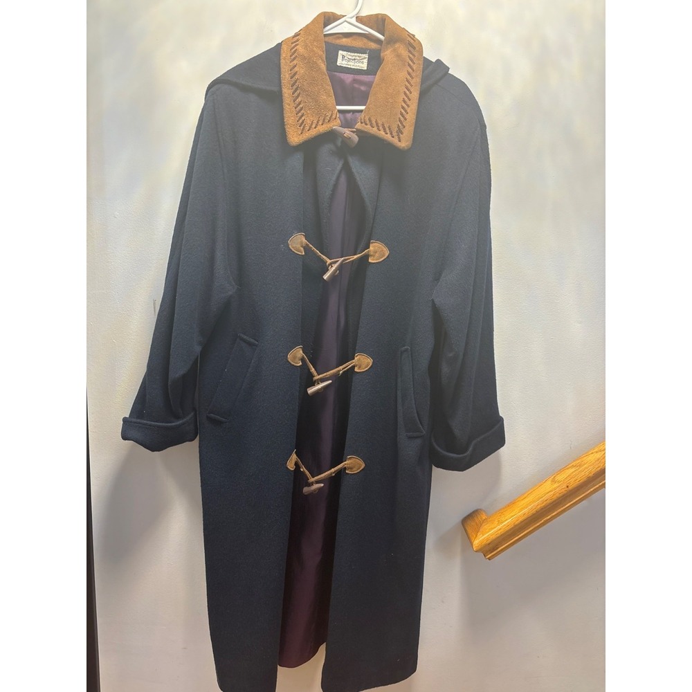 Designs by Projections Vintage Navy Wool Duffle Coat Suede Collar Toggle USA‎